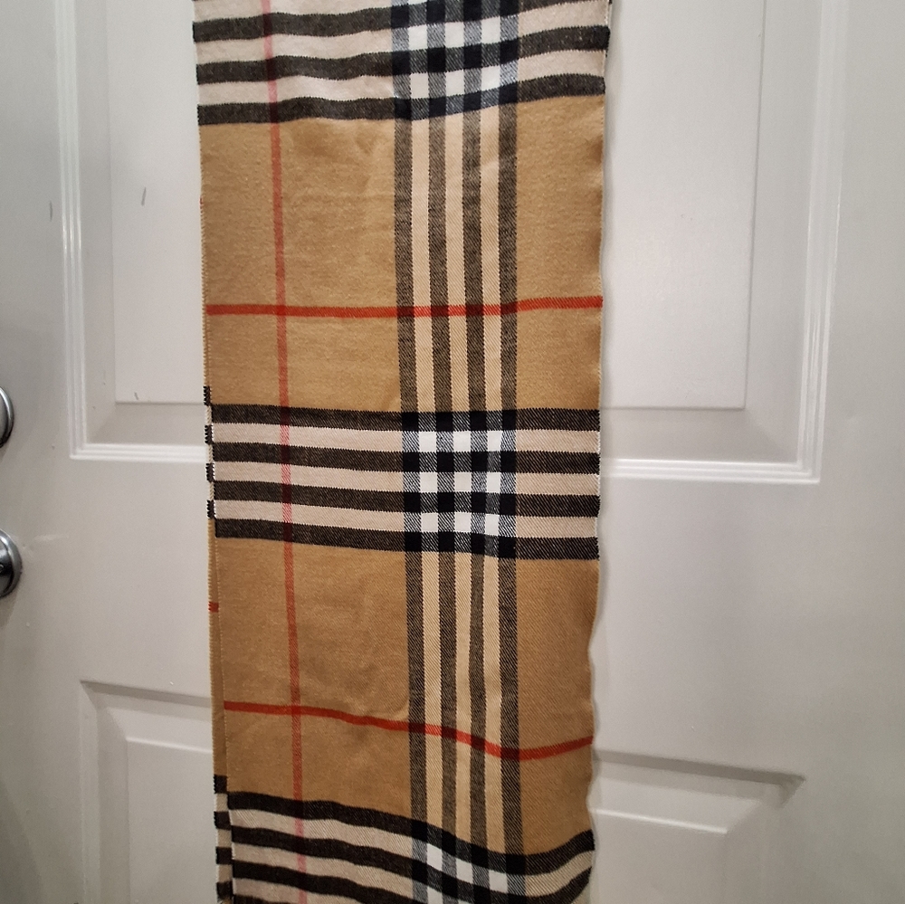 Winter Plaid Tan Scarf W/ 4" Fringe